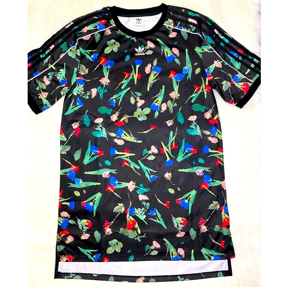 Adidas Floral Dress Athleisure Streetwear Y2K Black Print Mini Tunic New